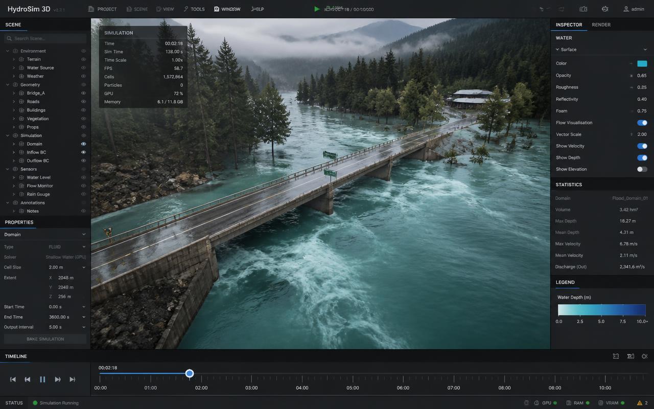 Realtime 3D flood simulation viewport over a river crossing